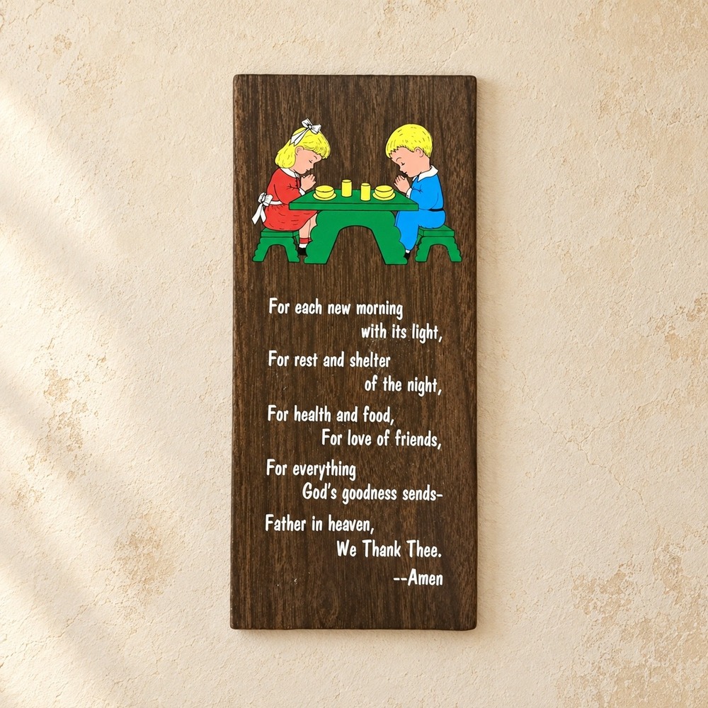 Vintage We Thank Thee Religious Wall Plaque Kids Praying Mealtime Prayer 10x4.5